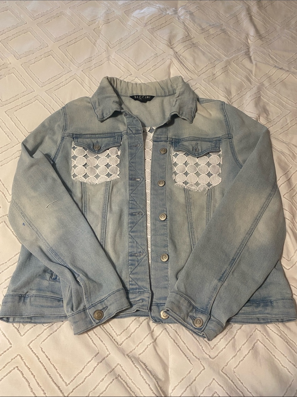 Baccini Light Blue Denim Jacket with White Crochet Pockets